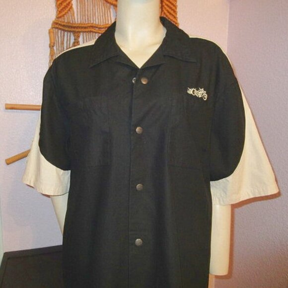 Ride or Die Highway To Hell Snap Shirt Mens Size L Skull Flame Patches Camp Goth - Picture 2 of 11